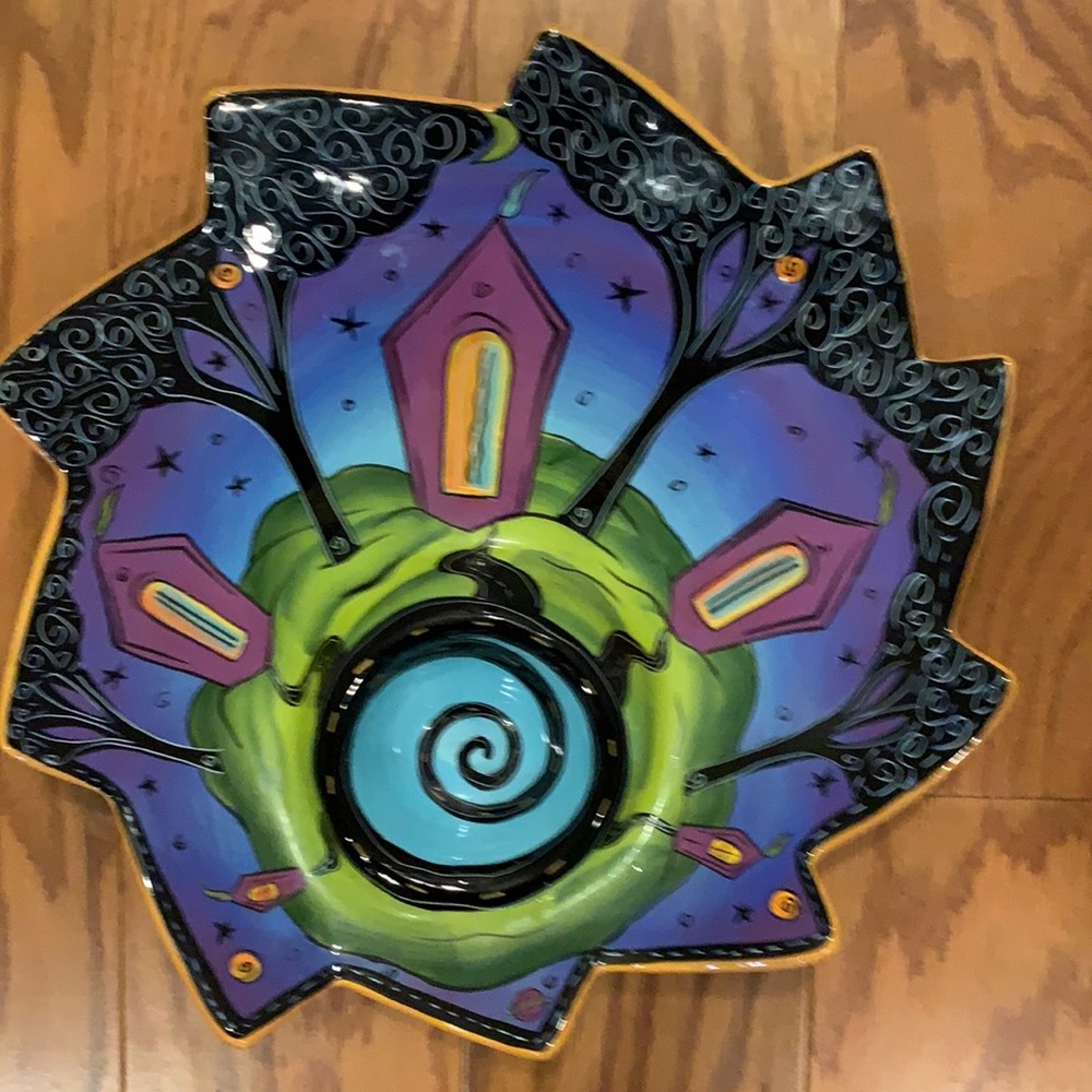 Surrealist designed Halloween platter with a dip and chip area.